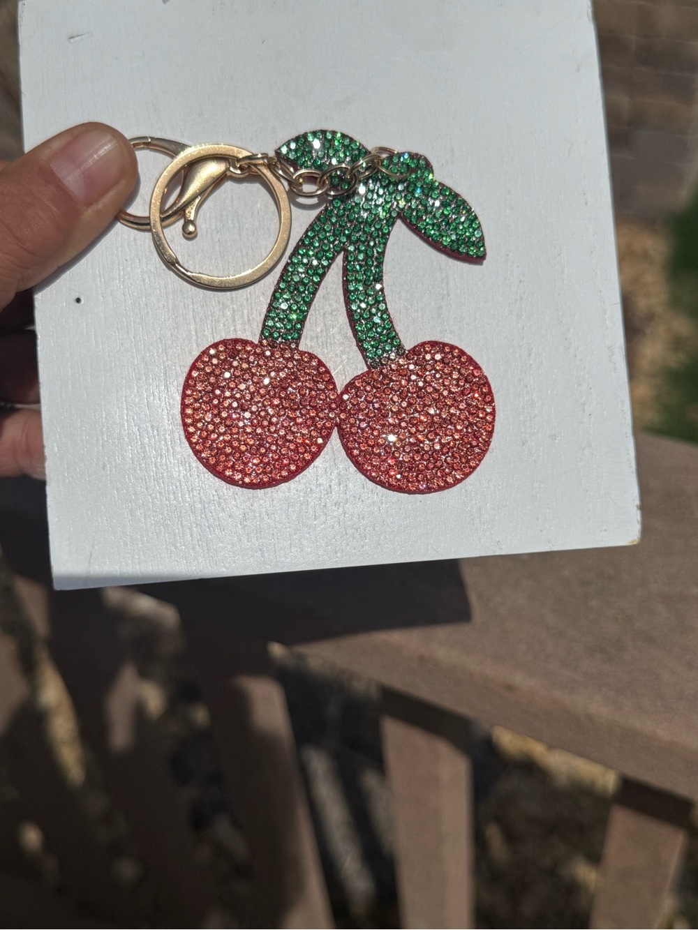 NWT Rhinestone Cherry Keychain - Green Stem, Red Cherries Lightweight - Picture 4 of 5